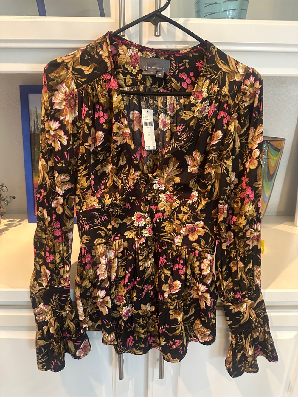 NWT anthropology, V-neck, floral, black, and pink blouse